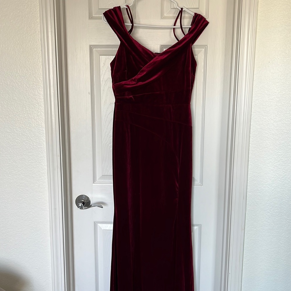 Off the shoulder, red velvet gown